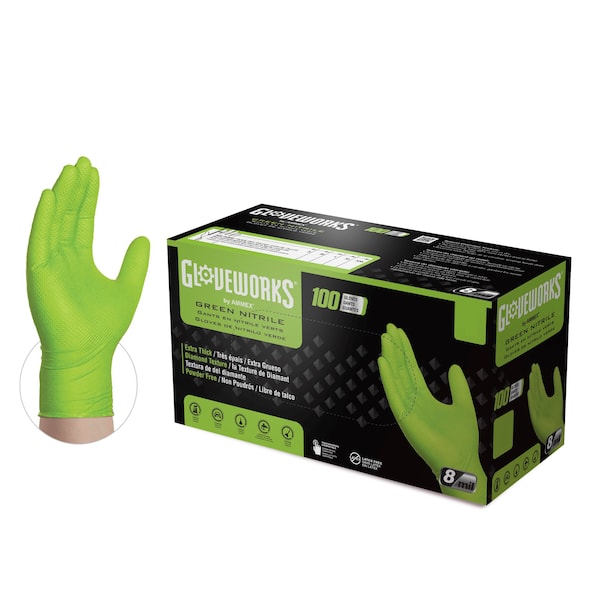 RDT, Disposable Gloves, 8 mil Palm, Nitrile, Powder-Free, S, 1000 PK, Green